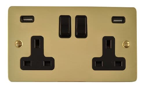 G&H FB910B Flat Plate Polished Brass 2 Gang Double 13A Switched Plug Socket 2.1A USB