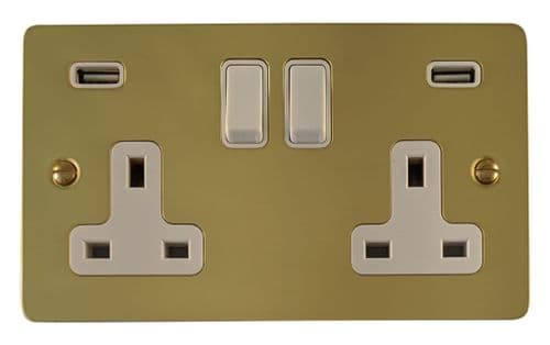 G&H FB910W Flat Plate Polished Brass 2 Gang Double 13A Switched Plug Socket 2.1A USB