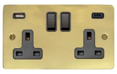 G&H FB911B Flat Plate Polished Brass 2 Gang Double 13A Plug Socket 3.1A USB A + C