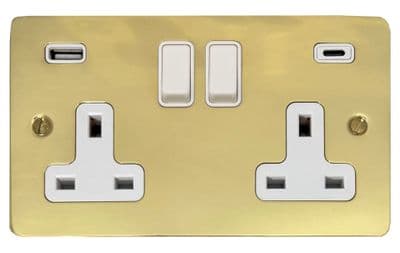 G&H FB911W Flat Plate Polished Brass 2 Gang Double 13A Plug Socket 3.1A USB A + C