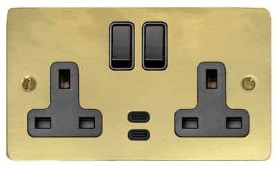 G&H FB913B Flat Plate Polished Brass 2 Gang Double 13A Plug Socket Dual 4.2A USB C