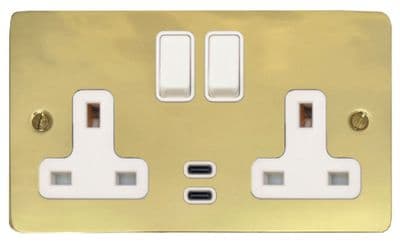 G&H FB913W Flat Plate Polished Brass 2 Gang Double 13A Plug Socket Dual 4.2A USB C