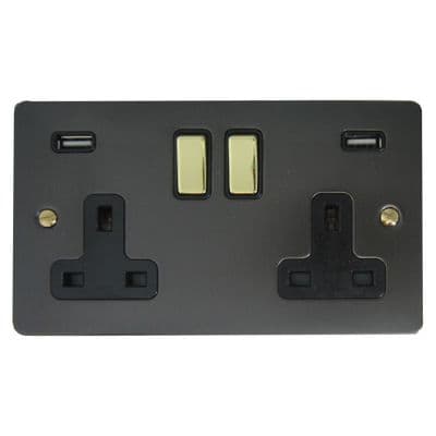 G&H FBB3910-PB Flat Plate Black Bronze 2 Gang Double 13A Switched Plug Socket 2.1A USB