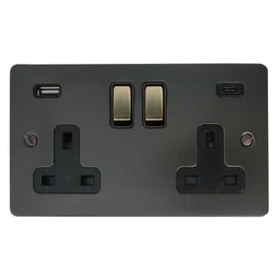 G&H FBB3911-AB Flat Plate Black Bronze 2 Gang Double 13A Plug Socket 3.1A USB A + C