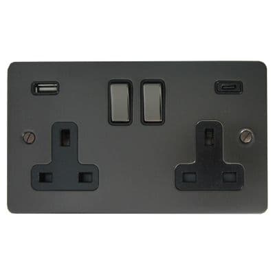 G&H FBB3911-BN Flat Plate Black Bronze 2 Gang Double 13A Plug Socket 3.1A USB A + C