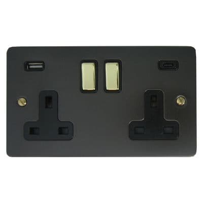 G&H FBB3911-PB Flat Plate Black Bronze 2 Gang Double 13A Plug Socket 3.1A USB A + C