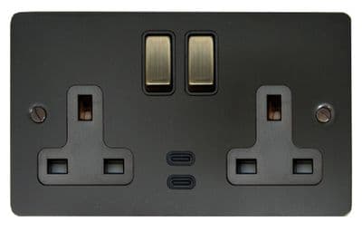 G&H FBB3913-AB Flat Plate Black Bronze 2 Gang Double 13A Plug Socket Dual 4.2A USB C