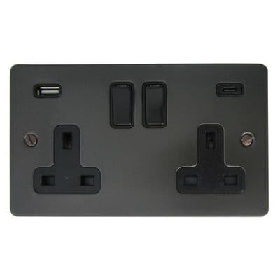 G&H FBB911B Flat Plate Black Bronze 2 Gang Double 13A Plug Socket 3.1A USB A + C