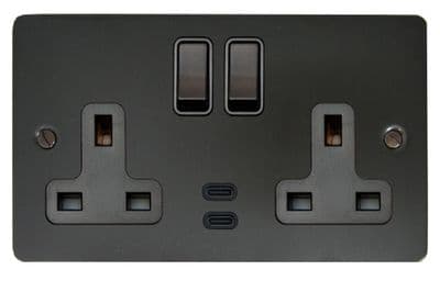 G&H FBB913B Flat Plate Black Bronze 2 Gang Double 13A Plug Socket Dual 4.2A USB C