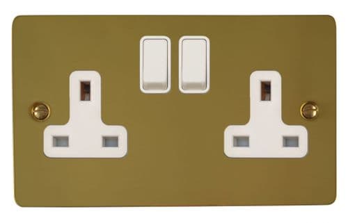 G&H FBUL10W Flat Plate Unlacquered Polished Brass 2 Gang Double 13A Switched Plug Socket