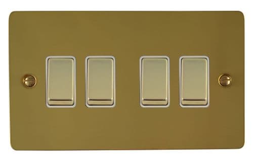 G&H FBUL204 Flat Plate Unlacquered Polished Brass 4 Gang 1 or 2 Way Rocker Light Switch