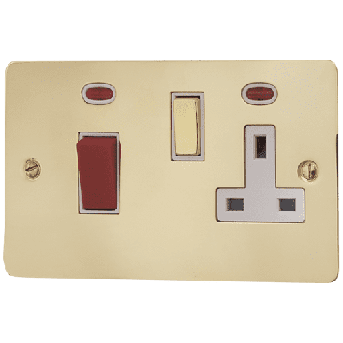 G&H FBUL229 Flat Plate Unlacquered Polished Brass 45 Amp DP Cooker Switch & 13A Switched Socket
