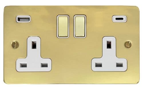 G&H FBUL2911 Flat Plate Unlacquered Polished Brass 2 Gang Double 13A Plug Socket 3.1A USB A + C