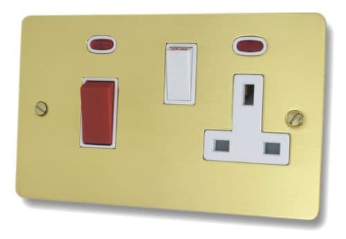 G&H FBUL29W Flat Plate Unlacquered Polished Brass 45 Amp DP Cooker Switch & 13A Switched Socket
