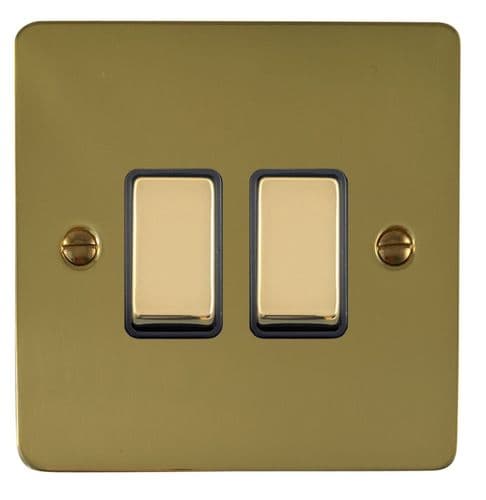 G&H FBUL302 Flat Plate Unlacquered Polished Brass 2 Gang 1 or 2 Way Rocker Light Switch