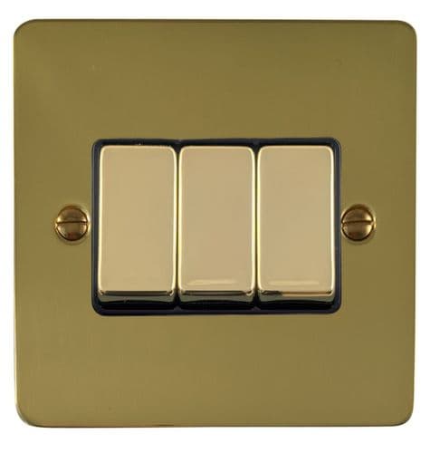 G&H FBUL303 Flat Plate Unlacquered Polished Brass 3 Gang 1 or 2 Way Rocker Light Switch