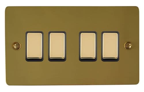 G&H FBUL304 Flat Plate Unlacquered Polished Brass 4 Gang 1 or 2 Way Rocker Light Switch