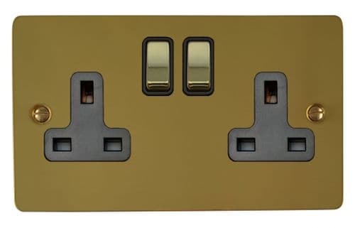 G&H FBUL310 Flat Plate Unlacquered Polished Brass 2 Gang Double 13A Switched Plug Socket