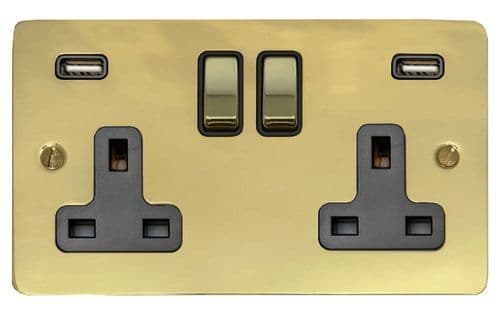 G&H FBUL3910 Flat Plate Unlacquered Polished Brass 2 Gang Double 13A Switched Plug Socket 2.1A USB