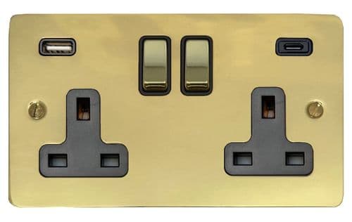 G&H FBUL3911 Flat Plate Unlacquered Polished Brass 2 Gang Double 13A Plug Socket 3.1A USB A + C