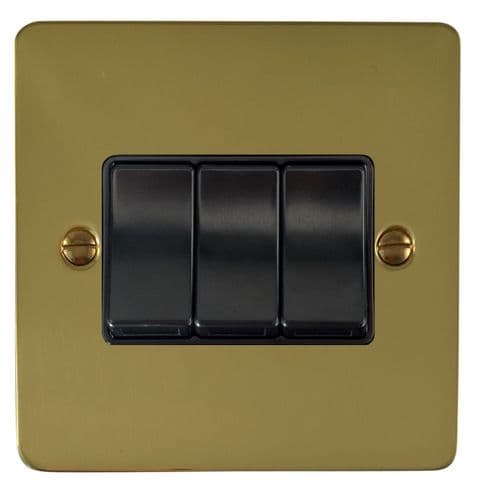 G&H FBUL3B Flat Plate Unlacquered Polished Brass 3 Gang 1 or 2 Way Rocker Light Switch