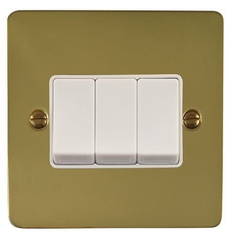 G&H FBUL3W Flat Plate Unlacquered Polished Brass 3 Gang 1 or 2 Way Rocker Light Switch