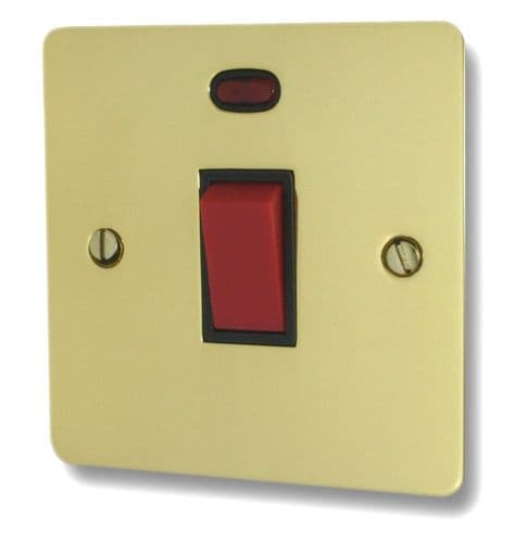 G&H FBUL46B Flat Plate Unlacquered Polished Brass 45 Amp DP Cooker Switch & Neon Single Plate