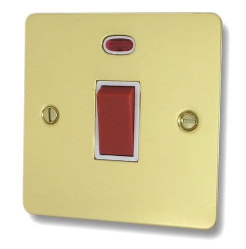 G&H FBUL46W Flat Plate Unlacquered Polished Brass 45 Amp DP Cooker Switch & Neon Single Plate