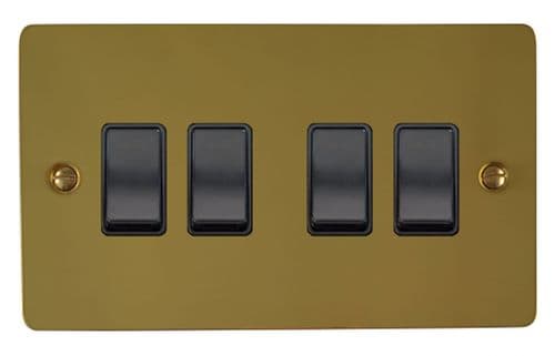 G&H FBUL4B Flat Plate Unlacquered Polished Brass 4 Gang 1 or 2 Way Rocker Light Switch