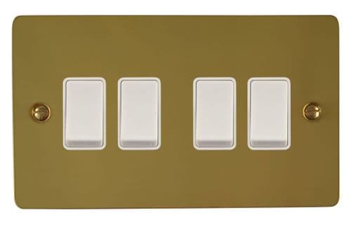 G&H FBUL4W Flat Plate Unlacquered Polished Brass 4 Gang 1 or 2 Way Rocker Light Switch