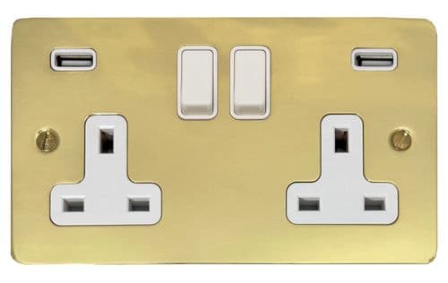 G&H FBUL910W Flat Plate Unlacquered Polished Brass 2 Gang Double 13A Switched Plug Socket 2.1A USB