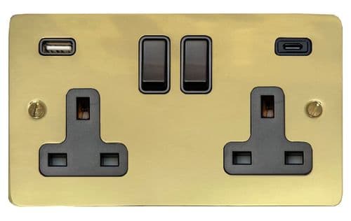 G&H FBUL911B Flat Plate Unlacquered Polished Brass 2 Gang Double 13A Plug Socket 3.1A USB A + C