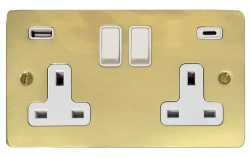 G&H FBUL911W Flat Plate Unlacquered Polished Brass 2 Gang Double 13A Plug Socket 3.1A USB A + C