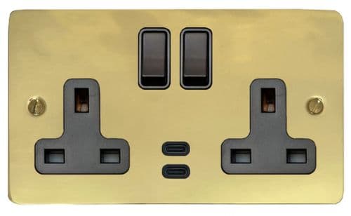 G&H FBUL913B Flat Plate Unlacquered Polished Brass 2 Gang Double 13A Plug Socket Dual 4.2A USB C