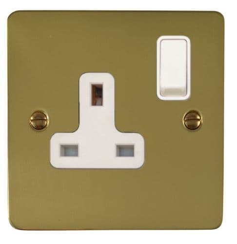 G&H FBUL9W Flat Plate Unlacquered Polished Brass 1 Gang Single 13A Switched Plug Socket