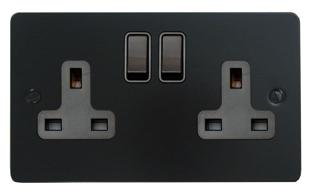 G&H FFB10B Flat Plate Matt Black 2 Gang Double 13A Switched Plug Socket