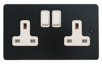 G&H FFB10W Flat Plate Matt Black 2 Gang Double 13A Switched Plug Socket