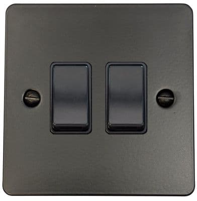 G&H FFB2B Flat Plate Matt Black 2 Gang 1 or 2 Way Rocker Light Switch