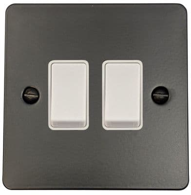 G&H FFB2W Flat Plate Matt Black 2 Gang 1 or 2 Way Rocker Light Switch