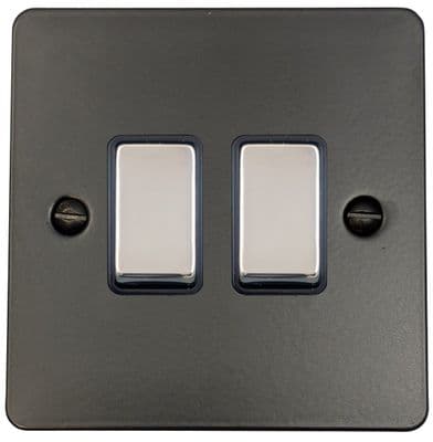 G&H FFB302-PC Flat Plate Matt Black 2 Gang 1 or 2 Way Rocker Light Switch