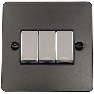 G&H FFB303-PC Flat Plate Matt Black 3 Gang 1 or 2 Way Rocker Light Switch