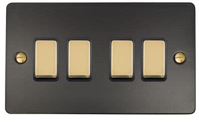 G&H FFB304-PB Flat Plate Matt Black 4 Gang 1 or 2 Way Rocker Light Switch