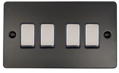 G&H FFB304-PC Flat Plate Matt Black 4 Gang 1 or 2 Way Rocker Light Switch