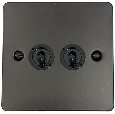 G&H FFB382-FBK Flat Plate Matt Black 2 Gang 1 or 2 Way Toggle Light Switch