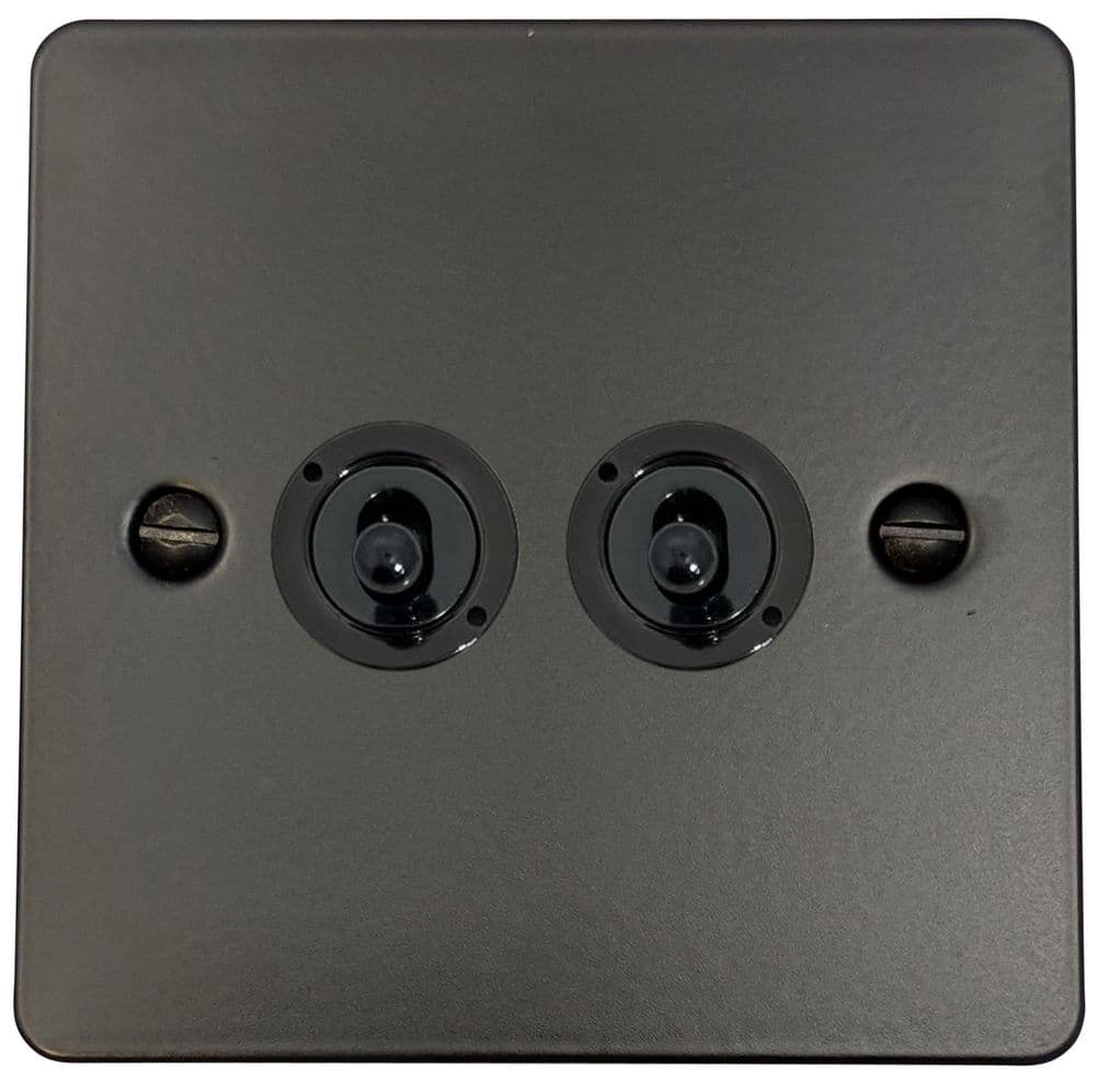 G&H FFB382-FBK Flat Plate Matt Black 2 Gang 1 or 2 Way Toggle Light Switch