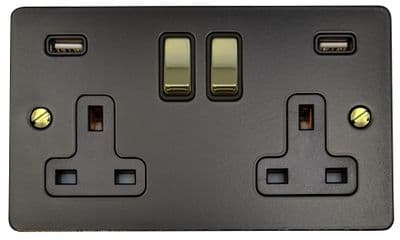 G&H FFB3910-PB Flat Plate Matt Black 2 Gang Double 13A Switched Plug Socket 2.1A USB