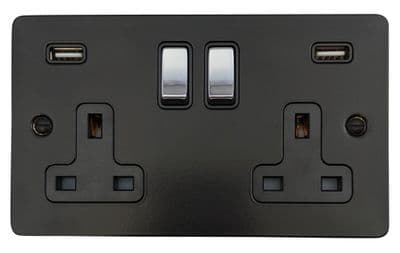 G&H FFB3910-PC Flat Plate Matt Black 2 Gang Double 13A Switched Plug Socket 2.1A USB