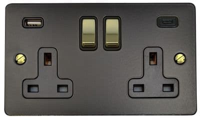 G&H FFB3911-PB Flat Plate Matt Black 2 Gang Double 13A Plug Socket 3.1A USB A + C