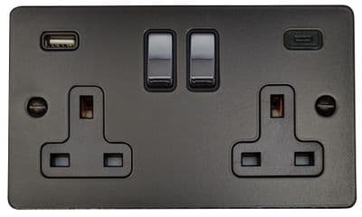 G&H FFB3911-PC Flat Plate Matt Black 2 Gang Double 13A Plug Socket 3.1A USB A + C