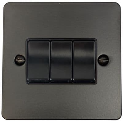 G&H FFB3B Flat Plate Matt Black 3 Gang 1 or 2 Way Rocker Light Switch